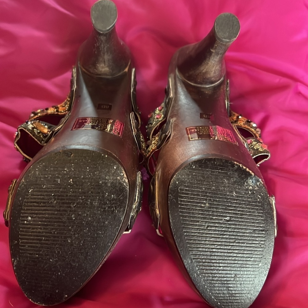 Colin Stuart wood high heeled beaded sandals 8B - Picture 4 of 5